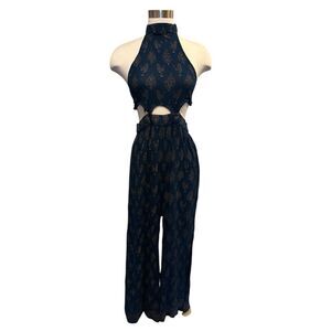 Earthbound Bib Jumpsuit Overalls Pant Tie Back Peacock Print Sz M Leg Split